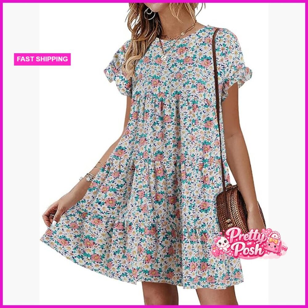 Floral Printed Ruffled Babydoll Swing T-Shirt Dress